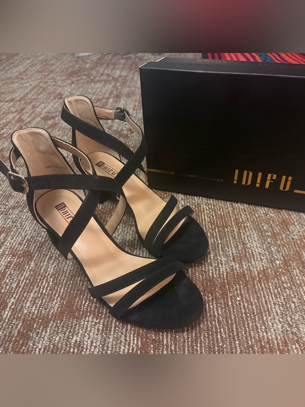 IDIFU Women’s Black Nubuck Strappy Ankle Strap Block Heel Sandals US 8.5